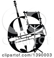 Poster, Art Print Of Vintage Black And White Violin Or Viola Trumpet And Music Stand