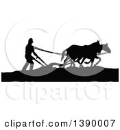 Poster, Art Print Of Vintage Black And White Silhouetted Farmer Ploughing With Horses