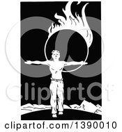 Clipart Of A Vintage Black And White Male Acrobat With A Ring Of Fire Royalty Free Vector Illustration