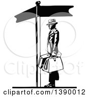 Vintage Black And White Man Holding Luggage By A Sign Post