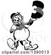 Clipart Of A Vintage Black And White Man Holding Number Three Royalty Free Vector Illustration