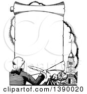 Poster, Art Print Of Vintage Black And White Man Holding A Feather Quill Over A Church And Banner