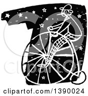 Vintage Black And White Man Riding A Penny Farthing Bicycle Over Stars