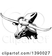 Poster, Art Print Of Vintage Black And White Longhorn Cow Wearing A Hat