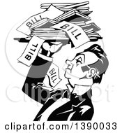 Clipart Of A Vintage Black And White Male Waiter Holding A Tray Of Bills Royalty Free Vector Illustration