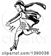 Clipart Of A Vintage Black And White Girl Roller Skating Royalty Free Vector Illustration