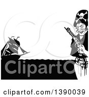 Clipart Of A Vintage Black And White Pirate And Ship Border Royalty Free Vector Illustration