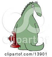 Mischievous Green Dinosaur Looking Back Over His Shoulder And Grinning While Peeing On A Fire Hydrant Clipart Illustration