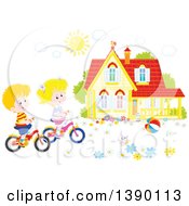 Poster, Art Print Of Caucasian Boy And Girl Riding Bikes In Front Of Their Home On A Spring Day
