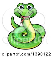 Poster, Art Print Of Cartoon Happy Green Coiled Snake