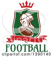 Clipart Of A Helmet And Football In A Shield With A Crown And Blank Banner Over Text Royalty Free Vector Illustration