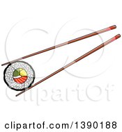 Chopsticks Holding A Sushi Roll