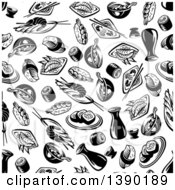 Clipart Of A Seamless Background Pattern Of Black And White Asian Food And Sushi Royalty Free Vector Illustration
