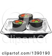 Poster, Art Print Of Sketched Plate Of Sushi Rolls With Salmon Avocado And Ginger