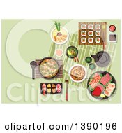 Poster, Art Print Of Fresh Japanese Cuisine With Maki And Nigiri Sushi Sashimi Set With Salmon Teriyaki Tuna Cuttlefish And Scallops Miso Soup With Fried Pork Green Tea And Soup With Tofu And Shrimps Beef With Mushrooms And Vegetables Sauces And Condiments