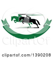 Poster, Art Print Of Black And Green Silhouetted Jockeys Racing Horses Over A Green Banner