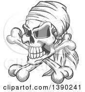Clipart Of A Sketched Gray Pirate Skull With Crossed Bones And A Bandana Royalty Free Vector Illustration