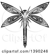 Clipart Of A Black And White Tribal Styled Dragonfly Royalty Free Vector Illustration