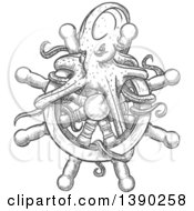 Clipart Of A Gray Sketched Octopus On A Ship Steering Wheel Helm Royalty Free Vector Illustration by Vector Tradition SM