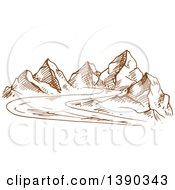 Clipart Of A Sketched Landscape Of Mountains And A Road Royalty Free Vector Illustration