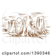 Sketched Landscape Of Rocky Formations Or Mountains And The Sun