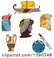 Clipart Of A Sketched Greek Emperor Amphora Soldier Helmet Shield Sword Fire Bowl And Warship Galley Royalty Free Vector Illustration by Vector Tradition SM