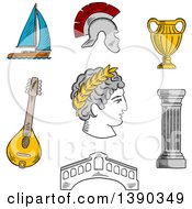 Poster, Art Print Of Sketched Italian Caesar Roman Helmet Venice Bridge Ancient Vase Mandolin Doric Column And Sailboat