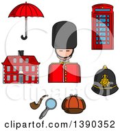 Poster, Art Print Of Sketched British Guard Soldier Telephone Booth Police Helmet Detective Cap Pipe And Magnifier Umbrella And Old Building