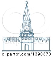Poster, Art Print Of Blue Lineart Styled Landmark Kremlin Wall With Clock Tower