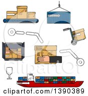 Clipart Of A Sketched Cargo Ship Containers Hand Truck And Conveyor Belt With Post Boxes Royalty Free Vector Illustration