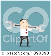 Poster, Art Print Of Flat Design White Businessman Carrying A Wrench On Blue