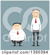 Poster, Art Print Of Flat Design Opposite Short And Fat And Tall And Thin White Business Men On Blue