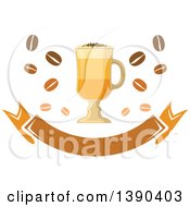 Poster, Art Print Of Coffee Drink In A Tall Glass With Beans And A Blank Banner