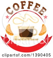 Clipart Of A Hot Espresso Coffee Drink In A Glass With Text Croissants And A Blank Banner Royalty Free Vector Illustration
