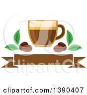 Poster, Art Print Of Latte Coffee Drink In A Glass With Leaves And Beans Over A Blank Banner