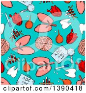 Poster, Art Print Of Seamless Background Pattern Of Sketched Human Organs And Medical Items On Turquoise