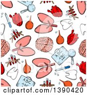 Poster, Art Print Of Seamless Background Pattern Of Sketched Dental Medical And Organ Items