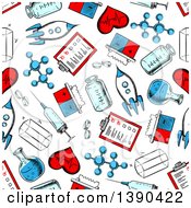Poster, Art Print Of Seamless Background Pattern Of Sketched Science Medicine And Research Items