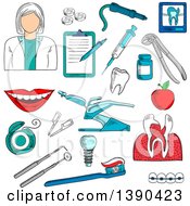 Clipart Of A Sketched White Female Dentist And Accessories Royalty Free Vector Illustration by Vector Tradition SM