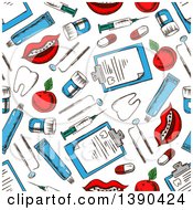 Poster, Art Print Of Seamless Background Pattern Of Sketched Dental Items