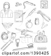 Poster, Art Print Of Black And White Sketched Female Dentist And Items