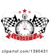 Racing Stopwatch And Stars Over Crossed Checkered Flags And A Blank Red Banner