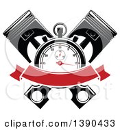 Poster, Art Print Of Racing Stopwatch Over Crossed Pistons With A Blank Red Banner
