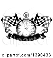 Black And White Racing Stopwatch Over Crossed Checkered Flags And A Blank Banner