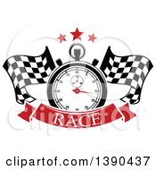 Poster, Art Print Of Racing Stopwatch And Stars Over Crossed Checkered Flags And A Banner With Text