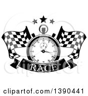 Poster, Art Print Of Black And White Racing Stopwatch And Stars Over Crossed Checkered Flags And A Banner With Text
