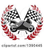 Motorcycle Over Crossed Checkered Racing Flags In A Red Wreath