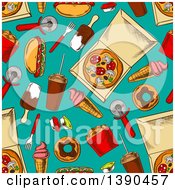 Poster, Art Print Of Seamless Background Pattern Of Junk Foods On Turquoise