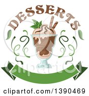 Poster, Art Print Of Mint And Chocolate Ice Cream Sundae Dessert With Text And A Blank Banner
