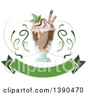 Poster, Art Print Of Mint And Chocolate Ice Cream Sundae Dessert With A Blank Banner And Ribbons